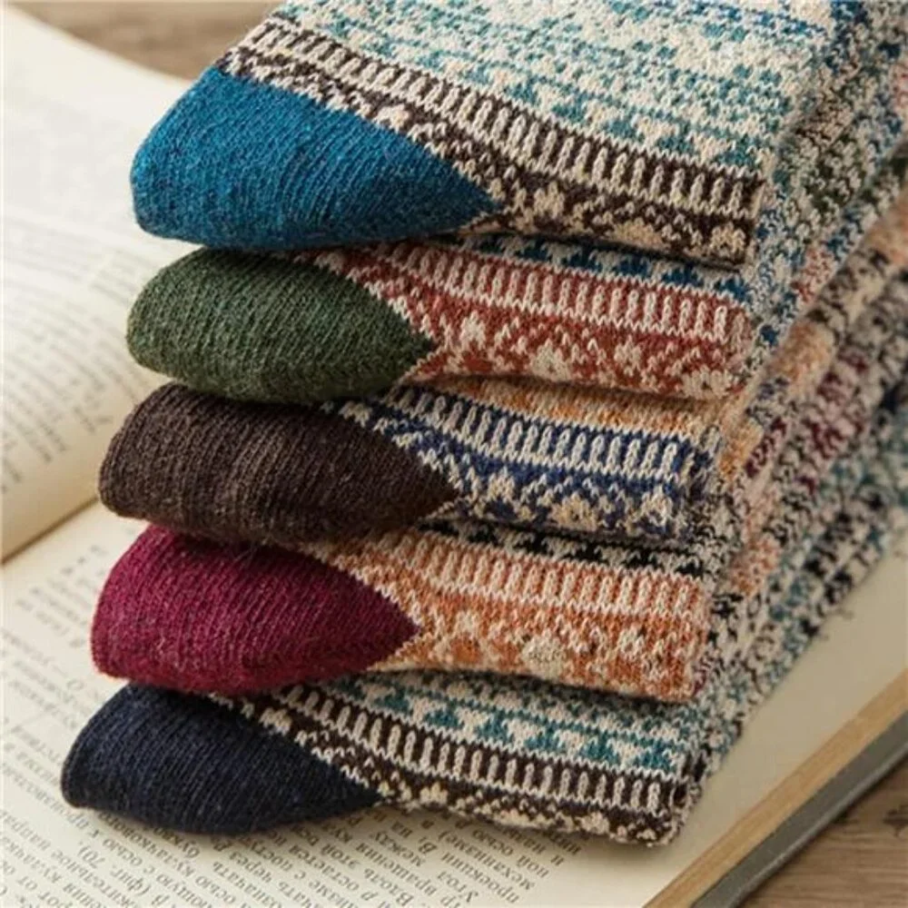 5 Pcs Unisex Wool Warm Thick Socks Vintage Winter Fall Season‎ for Men and Women
